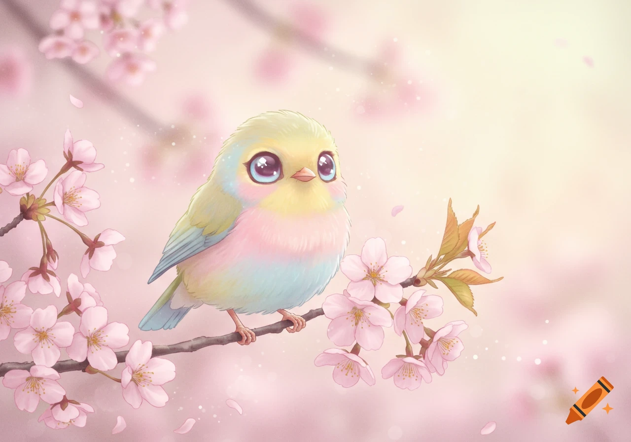 A cute, pastel-colored bird with large eyes perched on a branch filled with pink cherry blossoms in a soft, dreamy art style.