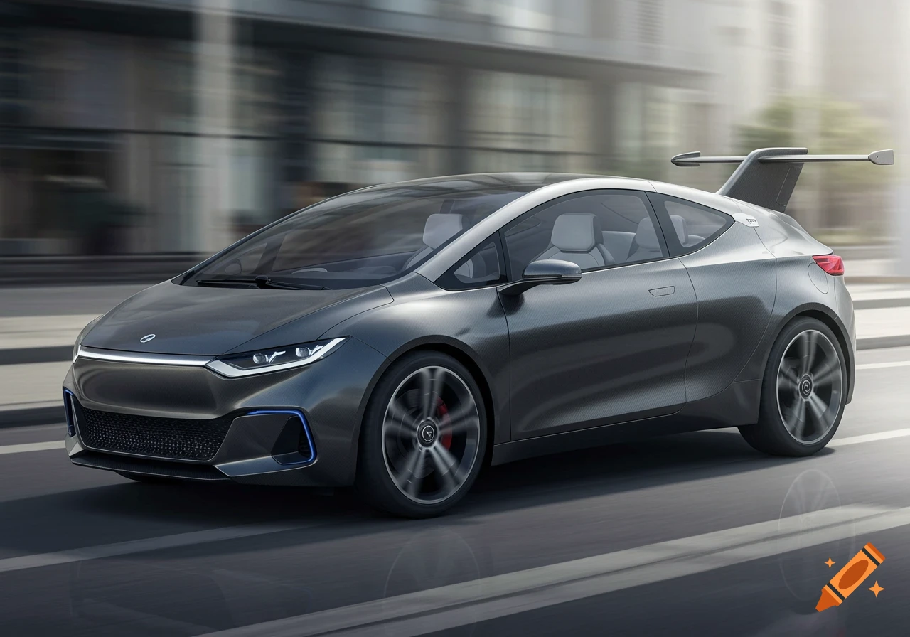 Photorealistic grey concept car with a sleek, aerodynamic design and a unique rear fin, moving on a city street.