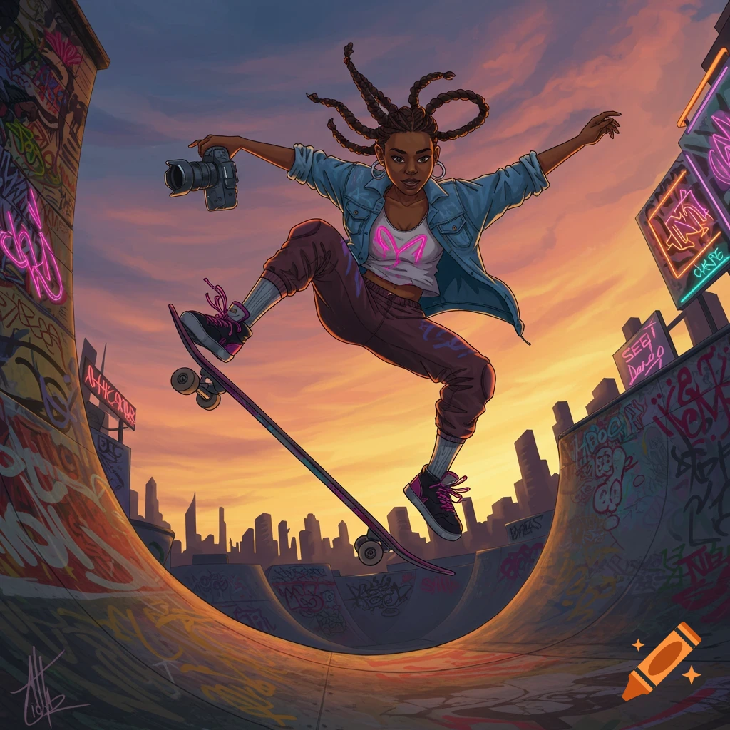 An illustration of a Black female skateboarder in mid-air with a camera at a vibrant, graffiti-filled skatepark at sunset.