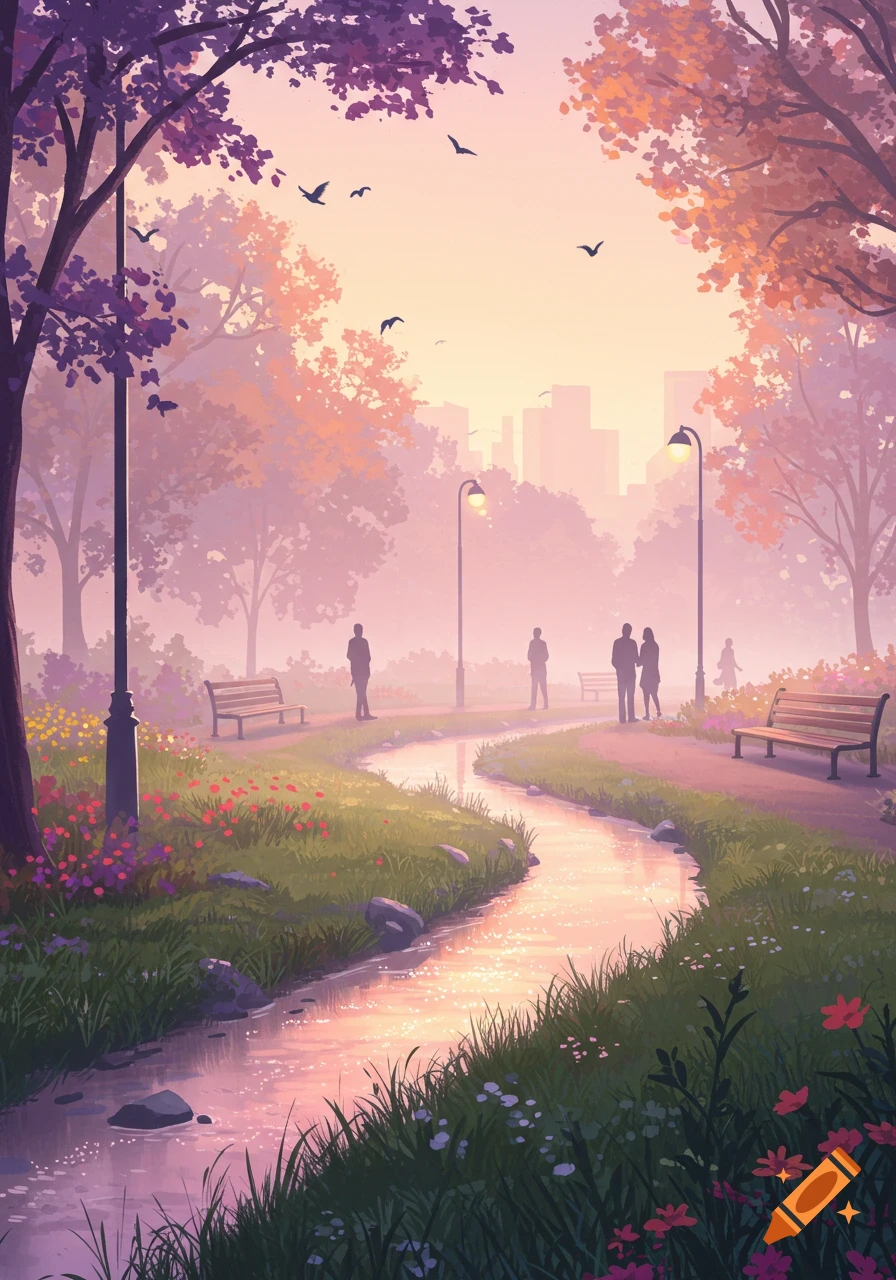 Digital illustration of a serene park at sunset, with a winding stream, colorful trees, and silhouetted people against a hazy city skyline.