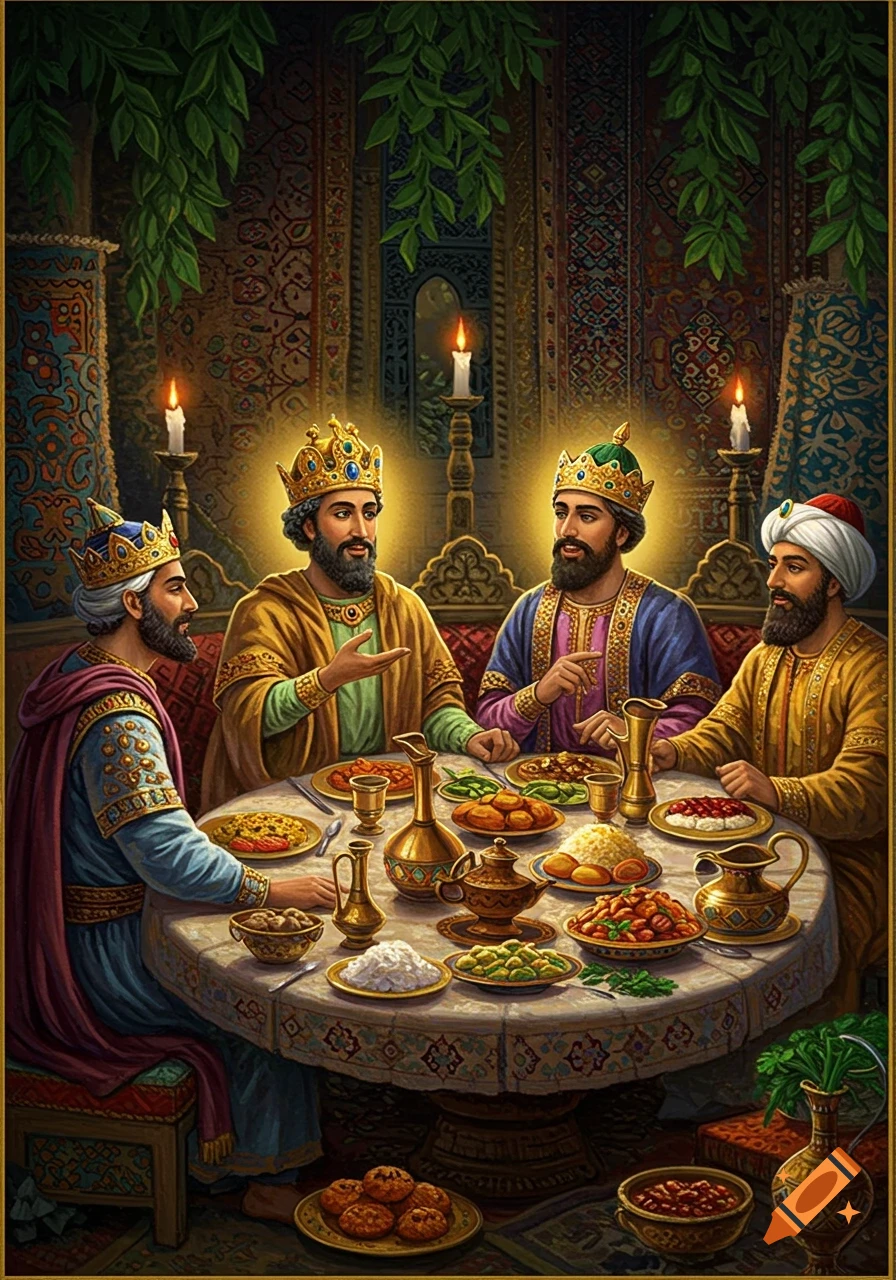 Acrylic painting of four kings with halos feasting at a lavish table with traditional Iranian food in an ornate room.