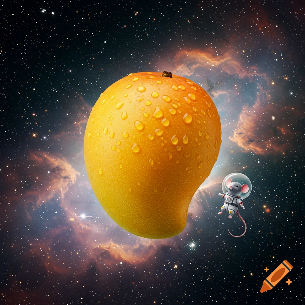 A large, water-covered mango floats in deep space alongside a tiny mouse astronaut in a white suit and clear helmet.
