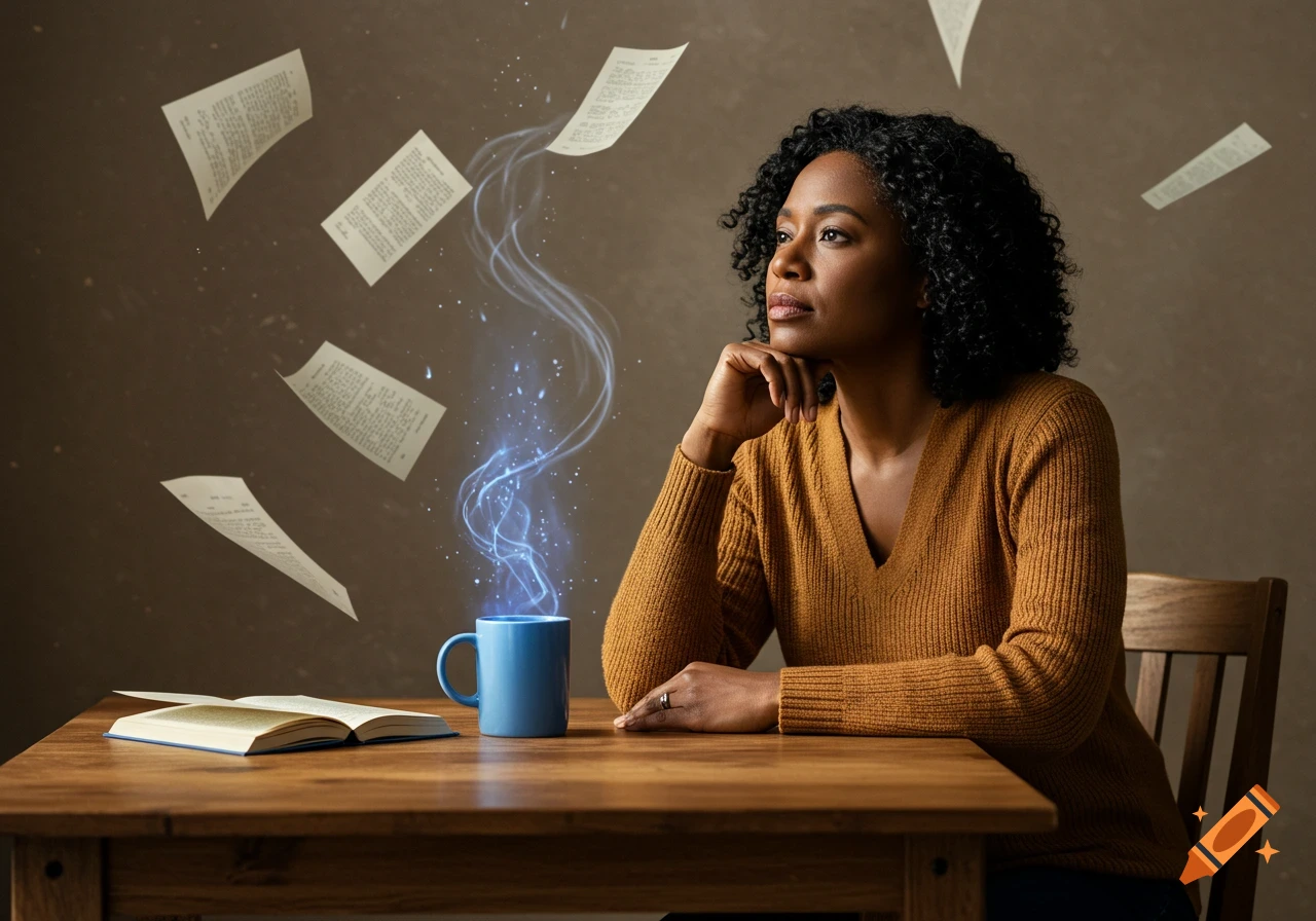 A hyper-realistic African-American woman sits at a table, gazing thoughtfully as glowing blue energy emanates from her mug and pages filled with symbols float around her head.