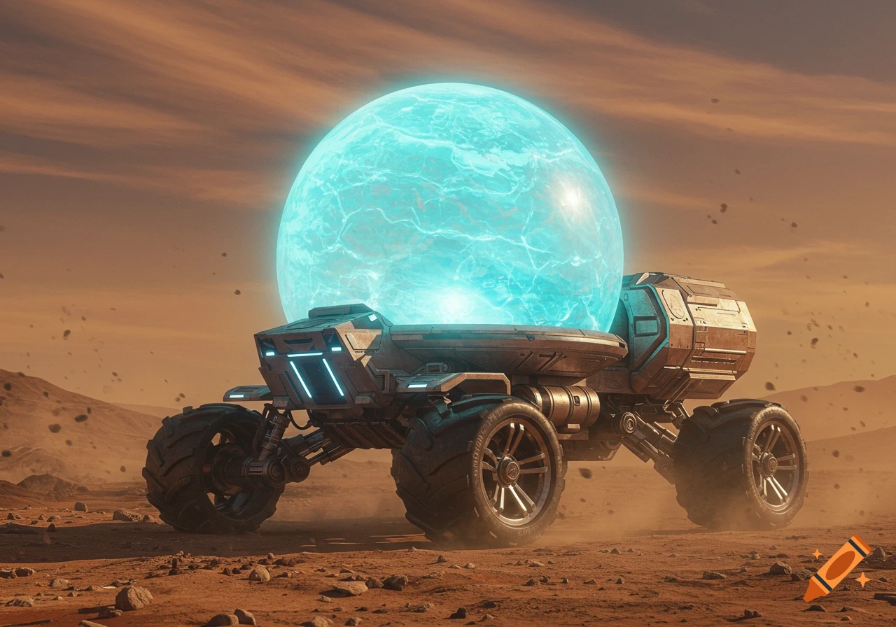 A futuristic planet rover carries a large glowing blue sphere across a sandy, rocky alien landscape under an orange sky.