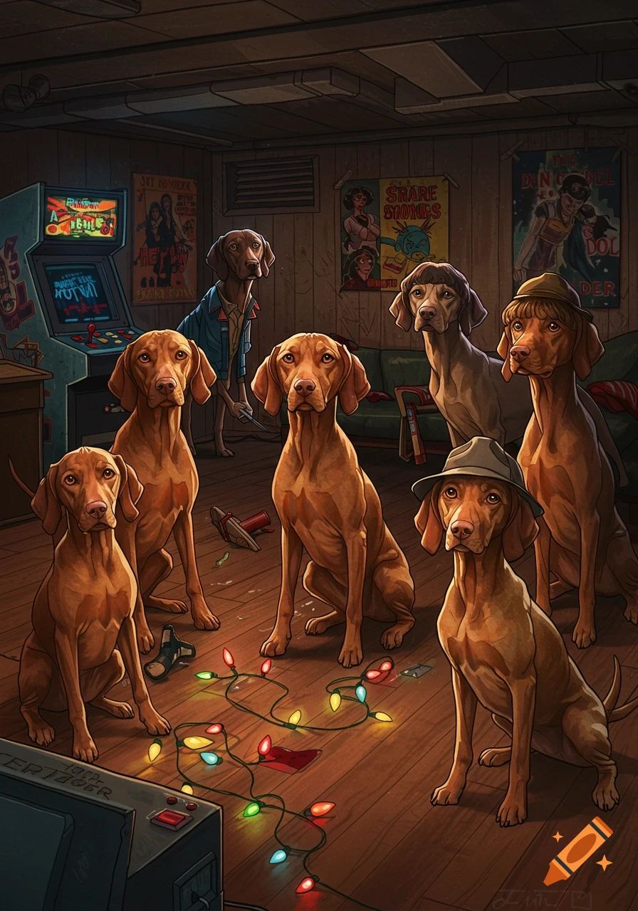 Seven Vizsla dogs dressed as Stranger Things characters gather in a stylized illustration of a cluttered basement arcade with Christmas lights.