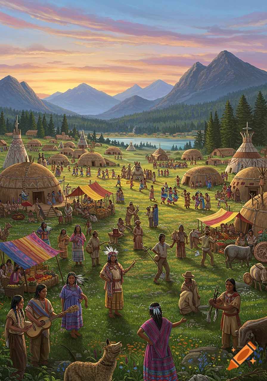 A vibrant painting of an indigenous village festival at sunset, with people dancing, playing music, and trading goods in a lush mountain valley.