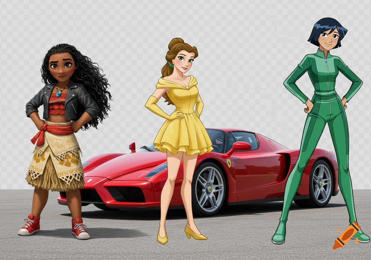 Moana in a leather jacket, Belle in a yellow dress, and Sam in a green suit stand with a red Ferrari Enzo.