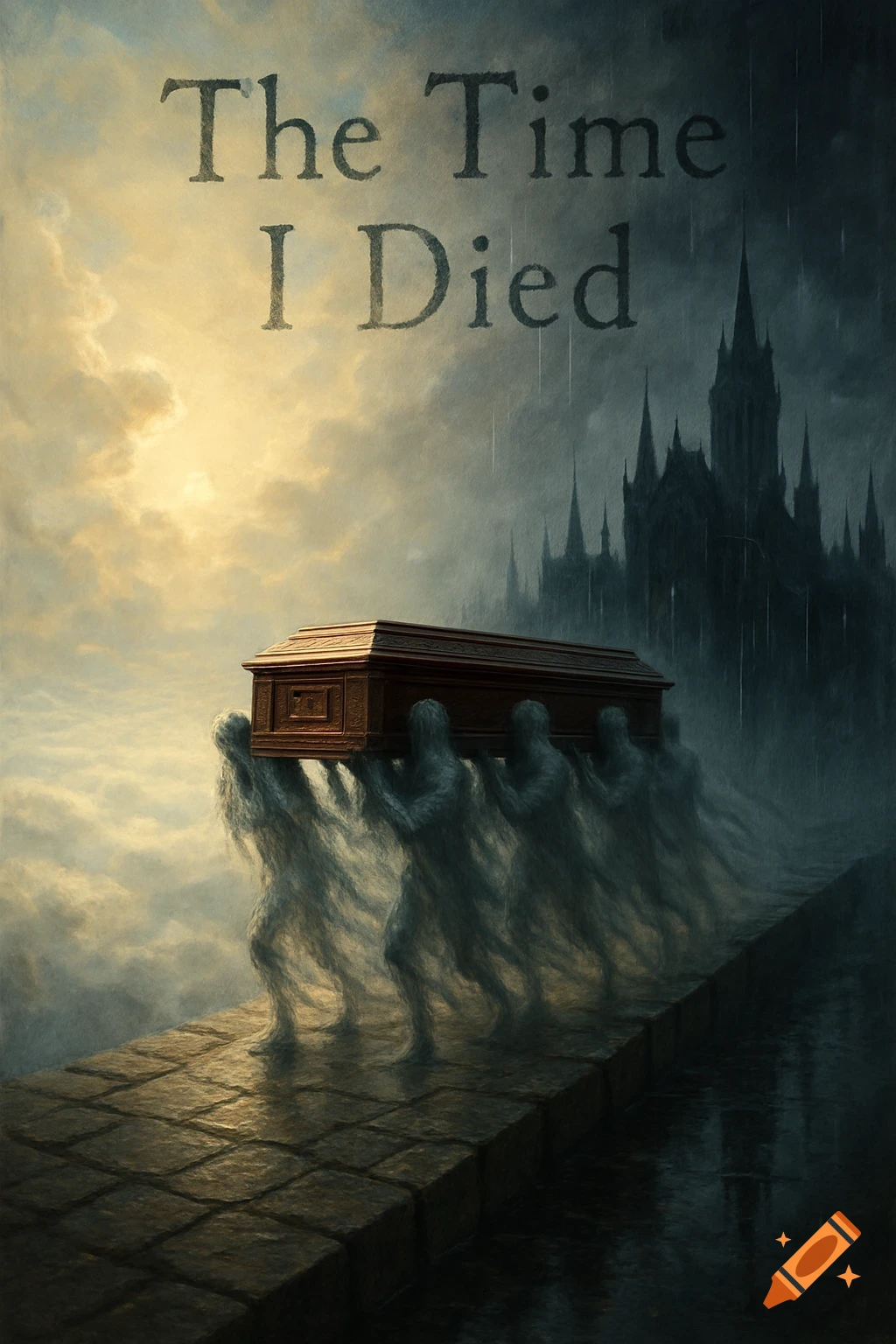 Ghostly figures carry a coffin on a stone path, moving from a bright sky to a dark gothic city under rain. Text: 'The Time I Died'.