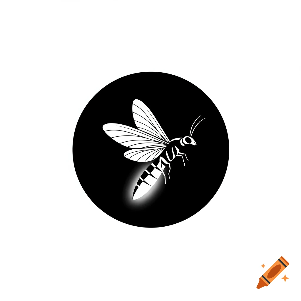 Black and white icon of a firefly with glowing abdomen on a black circle.