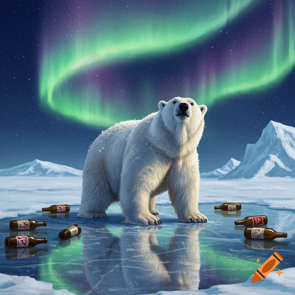 A large polar bear stands on cracked ice, surrounded by overturned beer bottles, under a vibrant green and purple aurora borealis in a snowy arctic landscape.