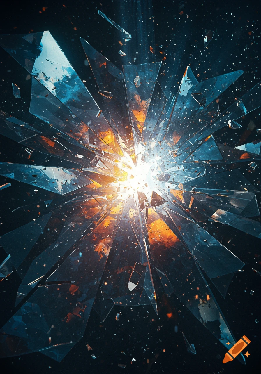 Abstract image of shattered glass shards exploding outwards from a bright central light, with blue and orange tones.