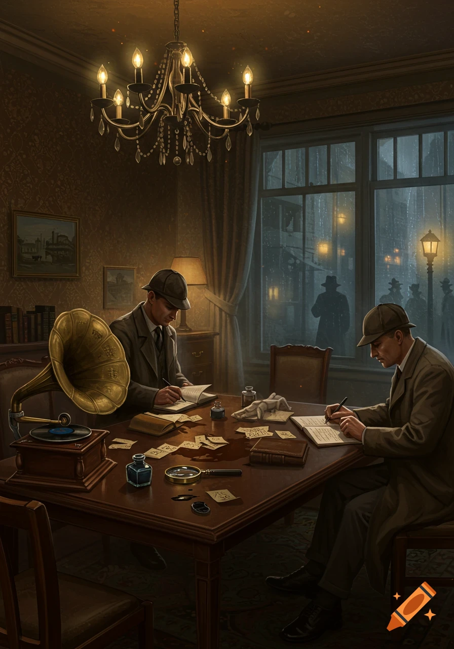 Two detectives in hats write notes at a candlelit table, with a gramophone and clues. A rainy 1920s street is seen through the window.