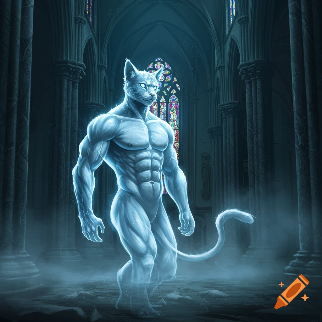 A glowing blue phantom-like muscular bipedal cat creature stands in a dark, gothic cathedral with stained glass windows.