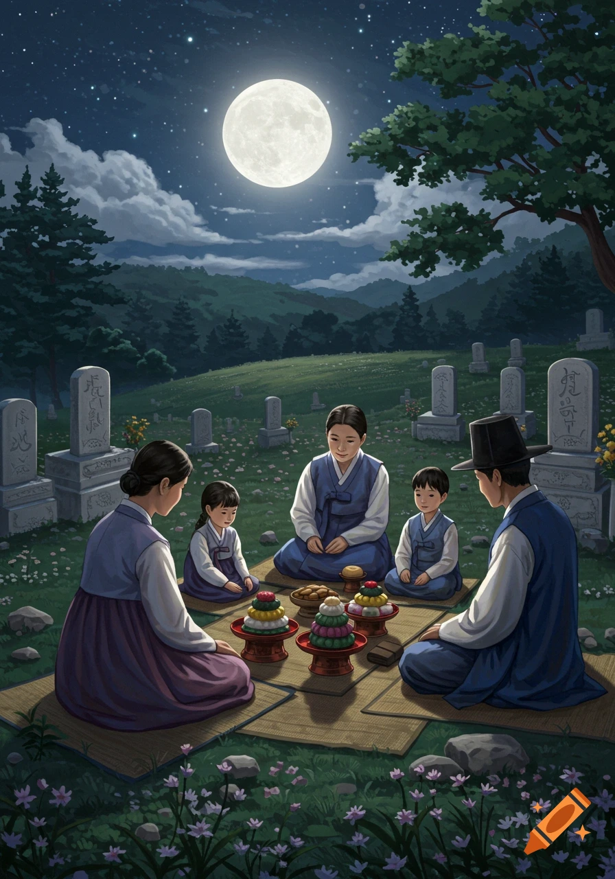 A Korean family in traditional attire performs a ritual with food offerings on mats in a moonlit graveyard.