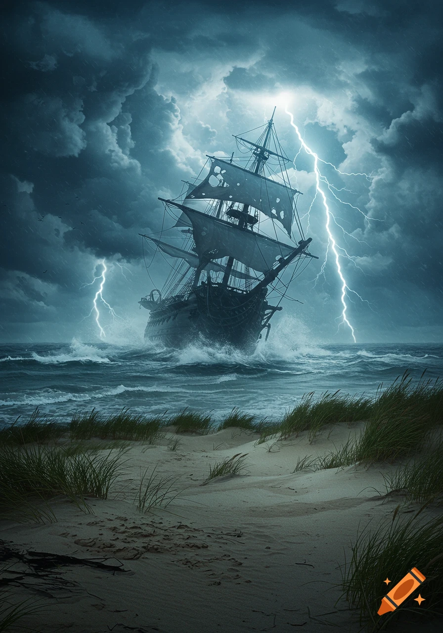 A dark, tattered pirate ship battles high waves in a stormy sea with powerful lightning strikes, viewed from a sandy beach.