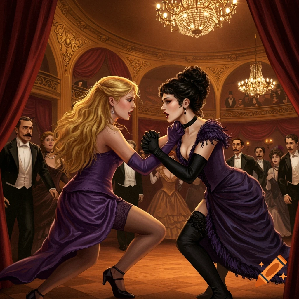 Two elegantly dressed women confront each other in a grand ballroom as onlookers watch, in a dramatic neo realist illustration.