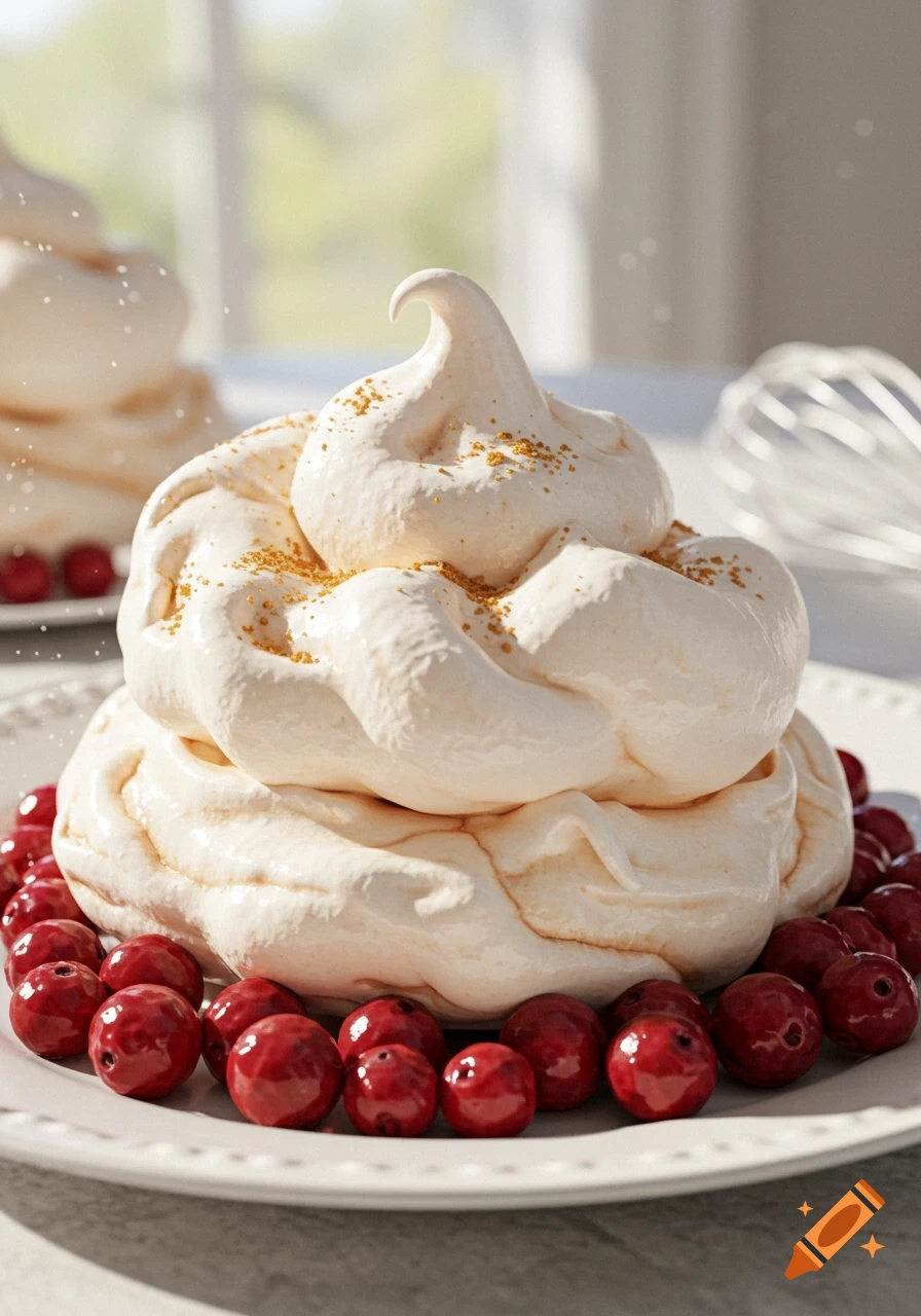 Photorealistic image of a meringue dessert with gold sprinkles and red berries on a white plate.