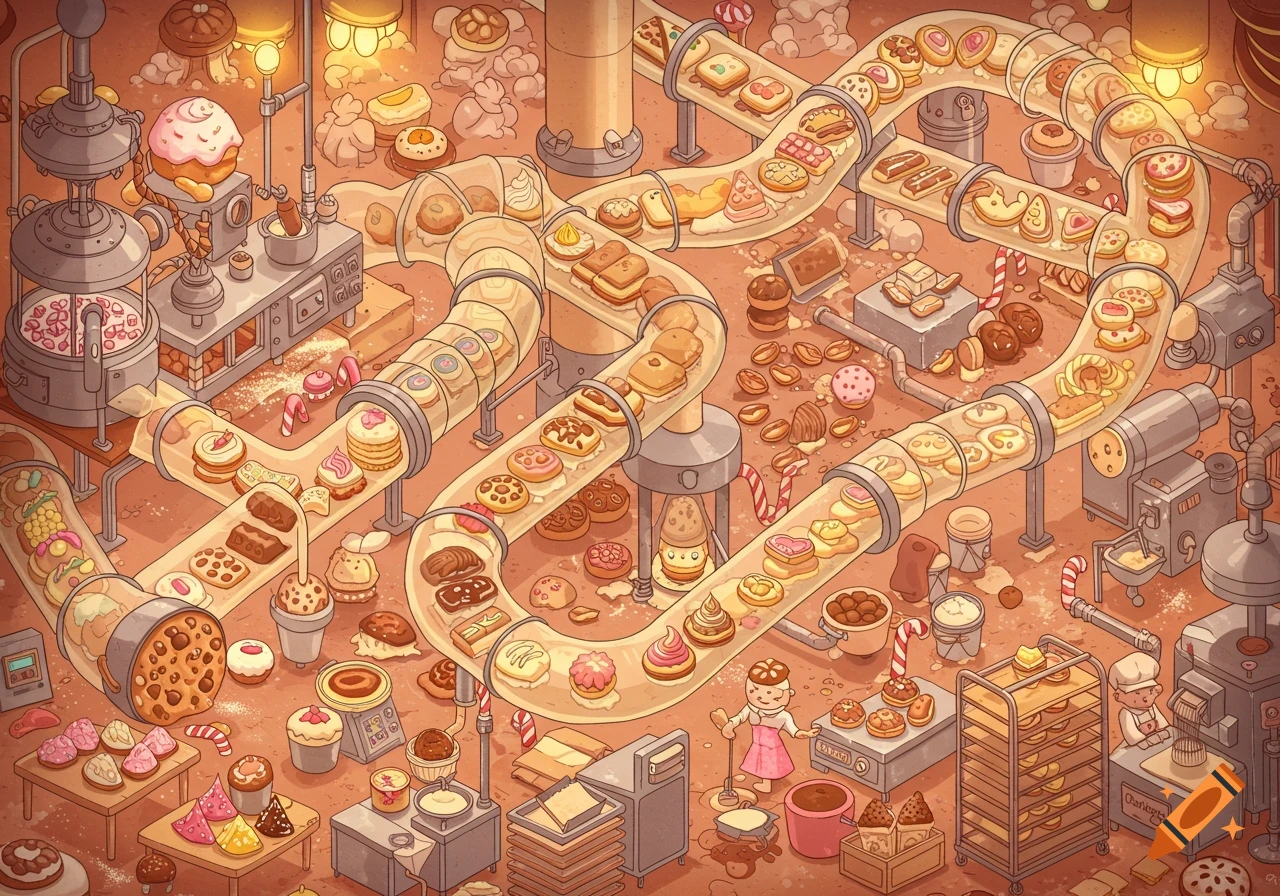 Whimsical isometric illustration of a busy cookie factory with cookies moving through glass pipelines and being processed by cartoon chefs.