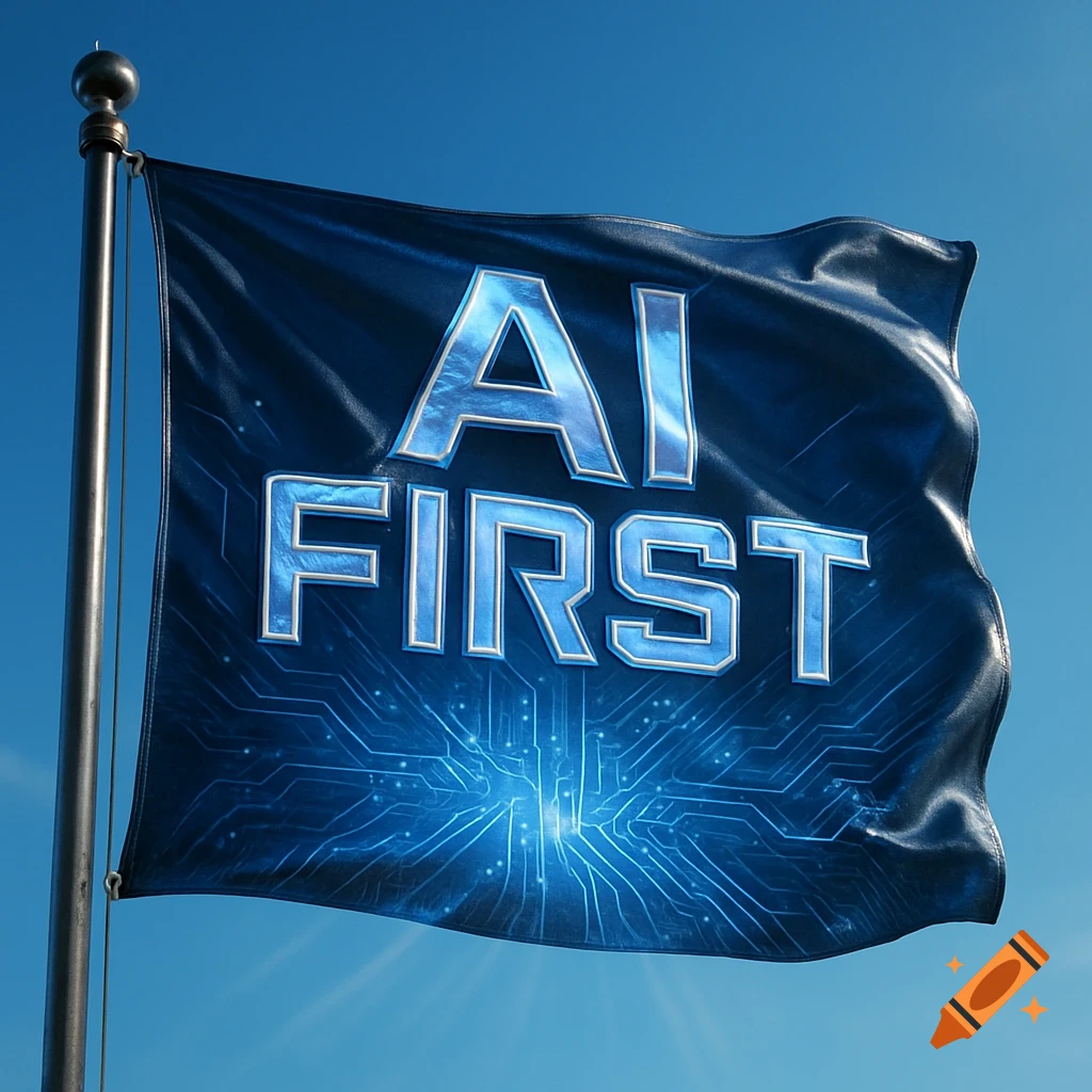 Dark blue flag with metallic 'AI FIRST' text and a glowing circuit board design, waving against a clear blue sky.
