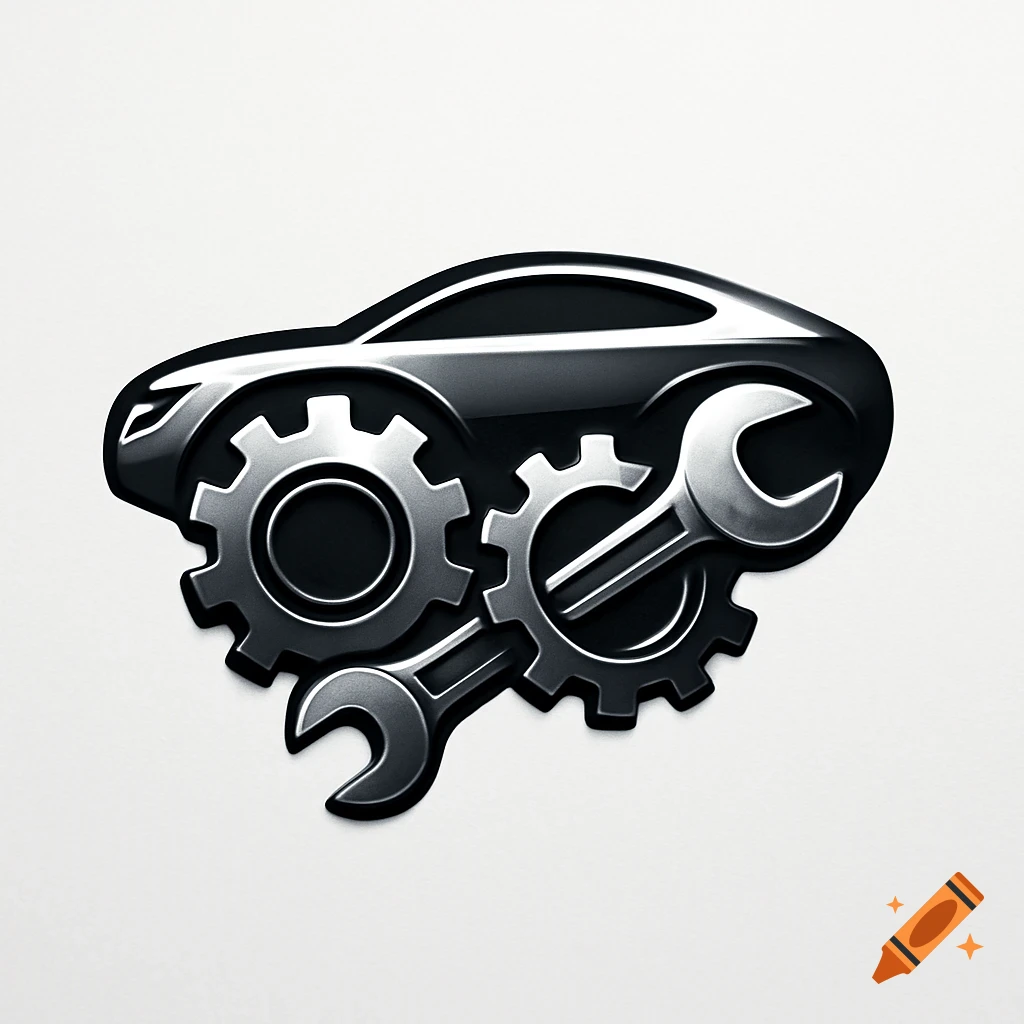 Modern automotive repair logo featuring a black car silhouette integrated with silver gears and wrenches.