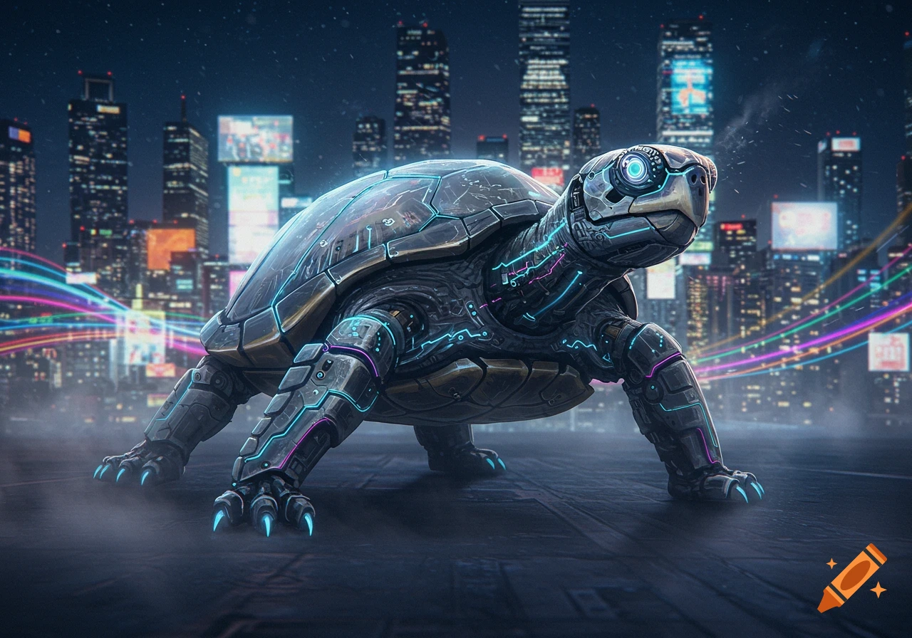 A metallic robot turtle with glowing blue and purple circuitry stands on a dark street in a neon-lit futuristic city.