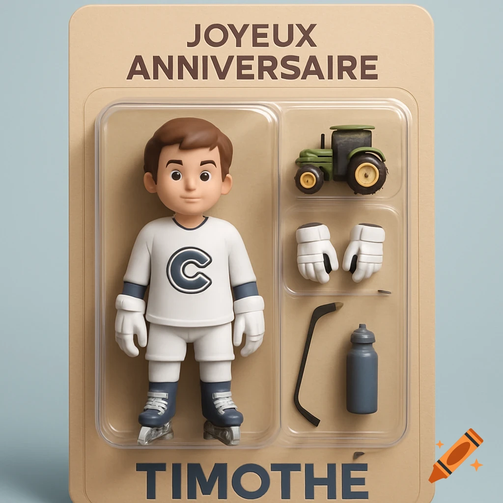 A stylized 3D action figure of a boy in a white hockey jersey and skates, packaged with a miniature tractor and hockey gear. The packaging reads "JOYEUX ANNIVERSAIRE" and "TIMOTHÉ".