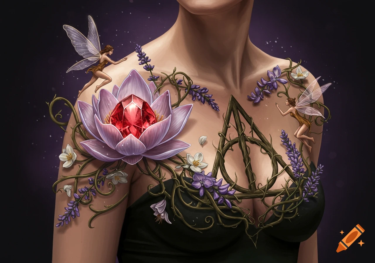 Intricate tattoo on a human torso, featuring a red gem in a lotus, lavender vines, two small fairies, and a Deathly Hallows symbol.