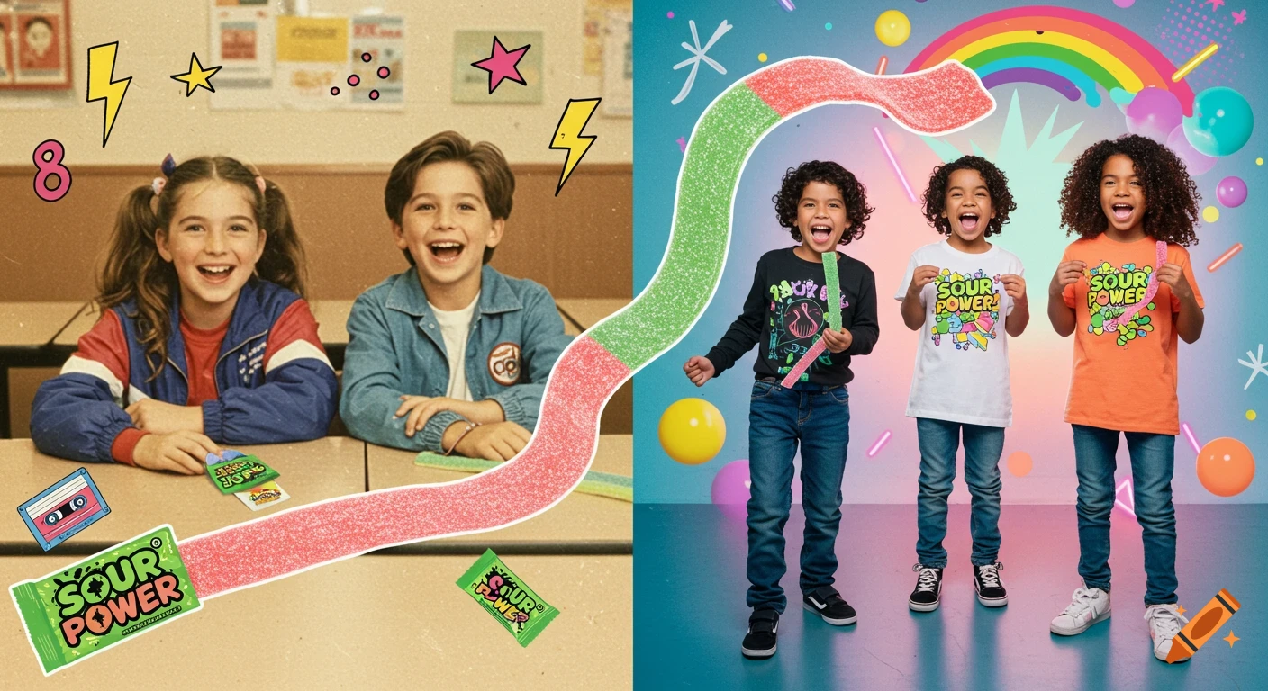 A split-screen image showing kids with Sour Power candy. The left side is a vintage photo of two kids in the 80s; the right is a modern photo of three kids.