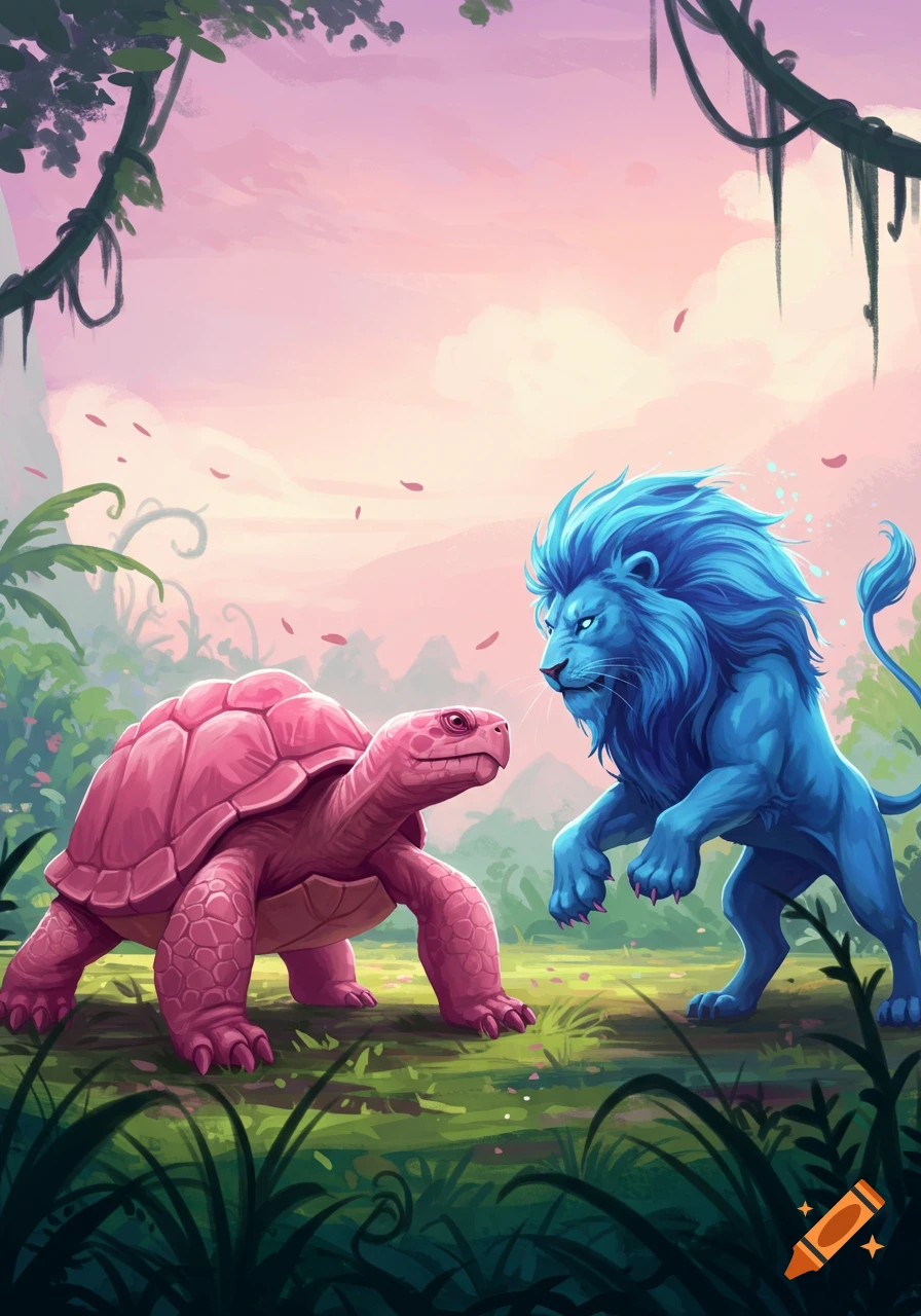 A vibrant illustration of a pink turtle facing a blue lion in a lush jungle under a pink and purple sky.