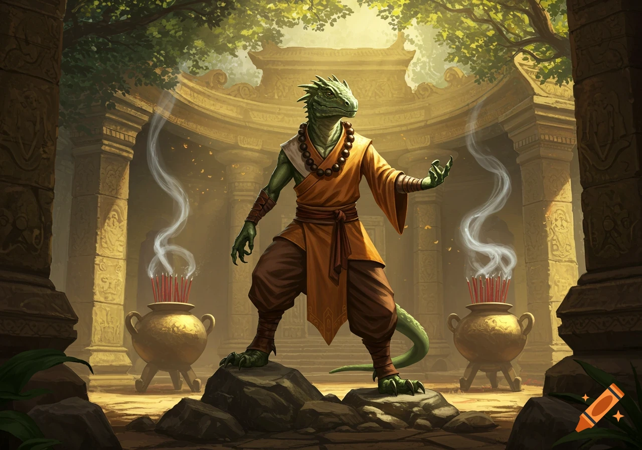 A green lizardfolk monk in orange robes stands on rocks in a sunlit ancient stone temple with incense smoke, digital art.