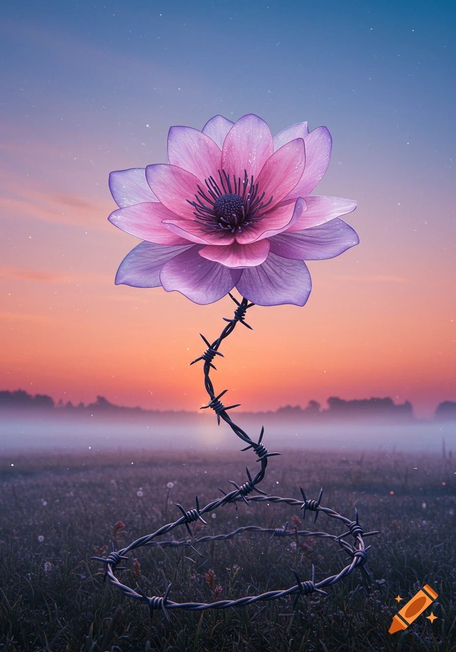 A large pink and purple flower with a barbed wire stem stands in a misty field against a gradient sunset sky.