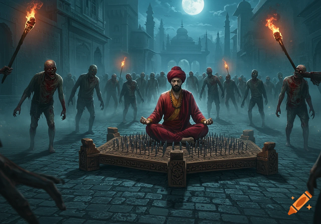 A man in red robes meditates on a bed of nails on a dark city street, surrounded by a horde of zombies under a full moon.