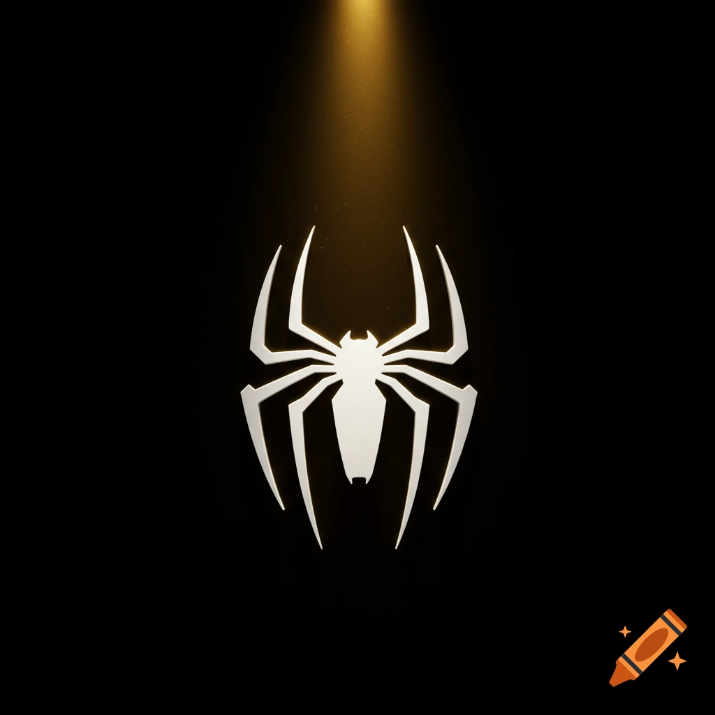 White Spider-Man logo illuminated by a golden light on a black background.