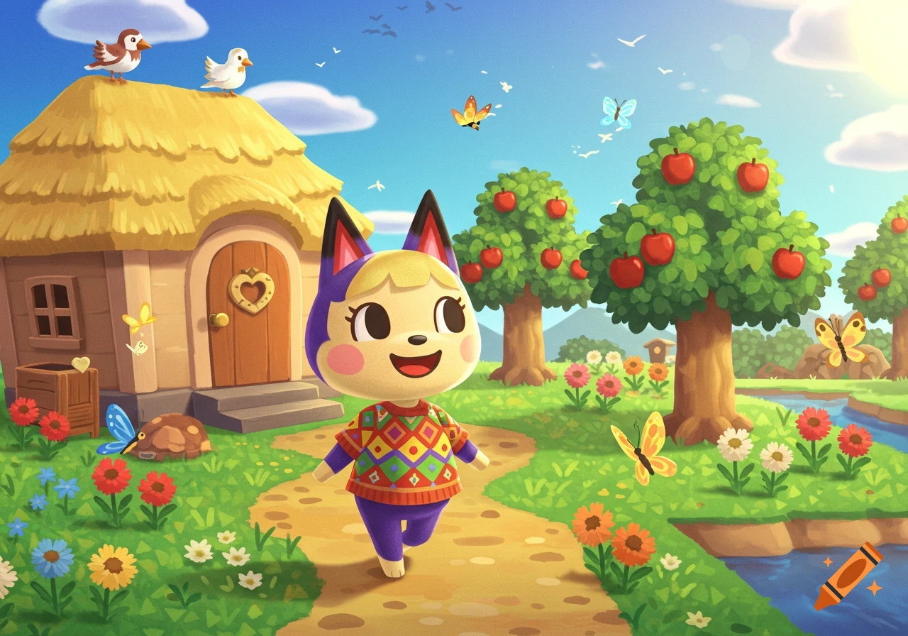 A happy Animal Crossing cat villager walks a path in a sunny cartoon village with a thatched house, apple trees, and flowers.