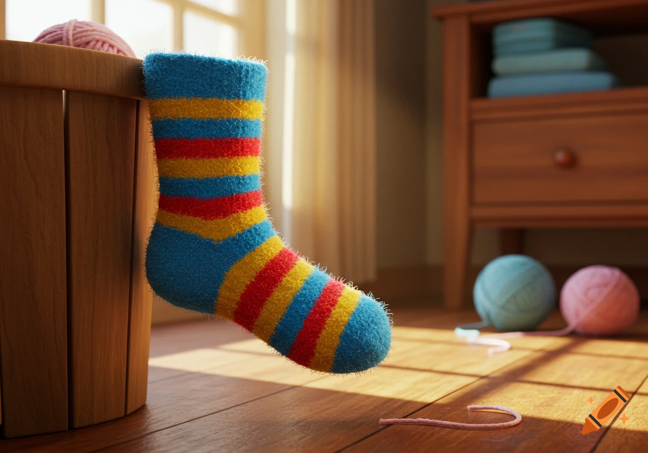 A fuzzy, colorful striped sock hangs off a wooden hamper in a sunlit room, with yarn balls on the wooden floor.