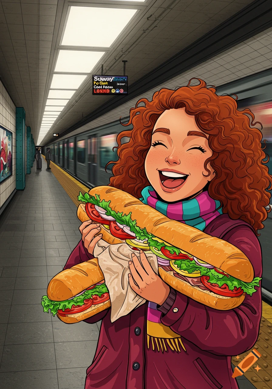 A happy cartoon girl with curly red hair smiles while holding two large submarine sandwiches in a subway station.