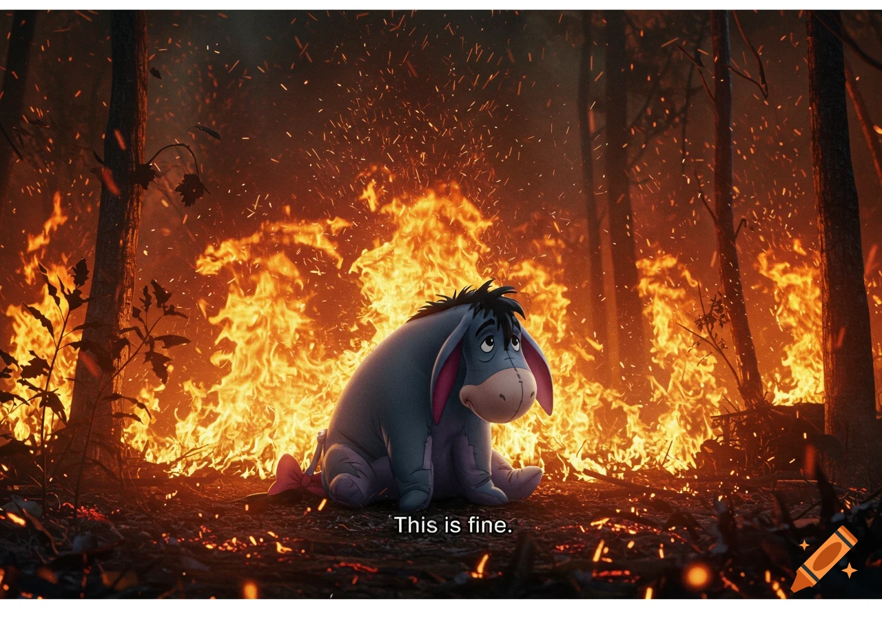 Eeyore sits calmly in a raging forest fire with sparks, saying "This is fine."