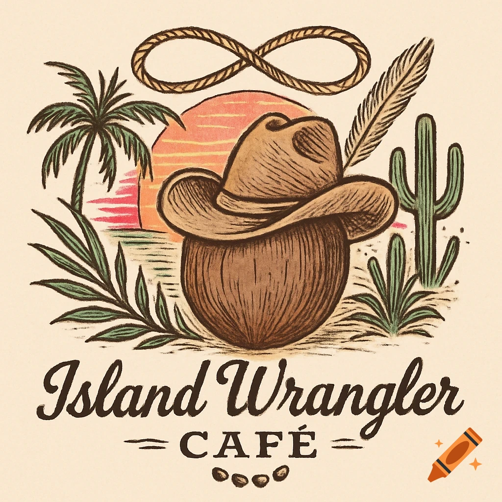 Illustration of a cowboy hat on a coconut, with a sunset, palm tree, cactus, and the text 'Island Wrangler CAFE'.