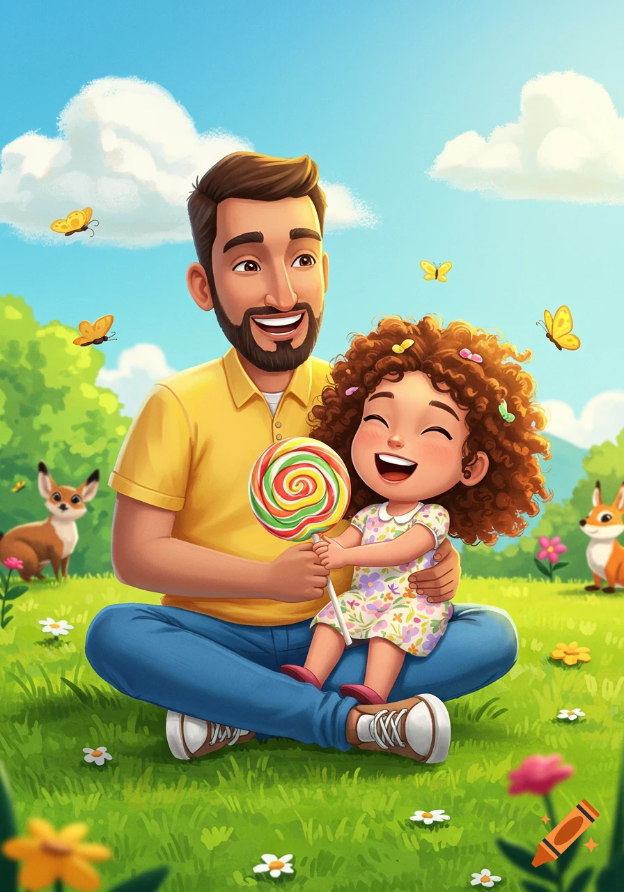 A smiling cartoon man and his happy daughter sit in a grassy field, holding a large rainbow lollipop. Butterflies flutter around them.