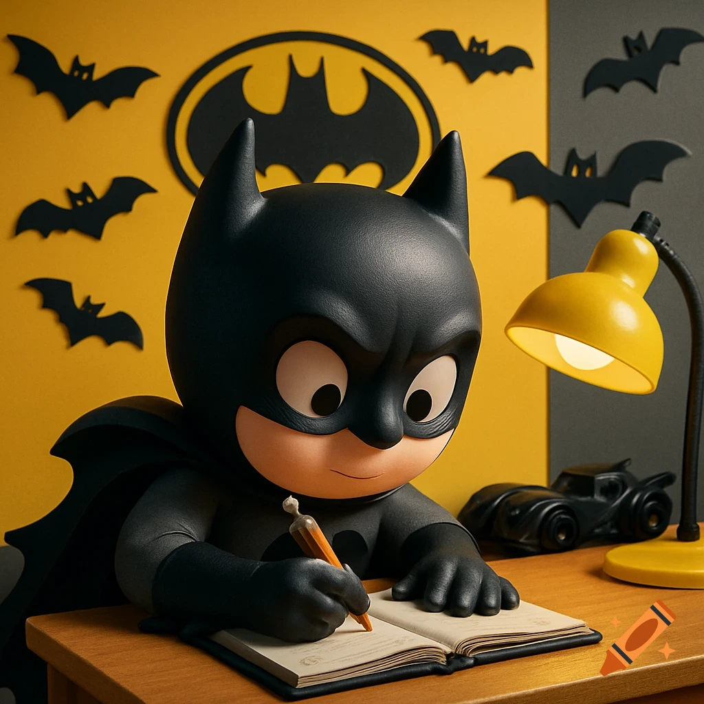 A cute, chibi Batman in a black suit writes in a notebook at a desk with a lamp and Batmobile toy, against a yellow and gray wall with bat symbols.