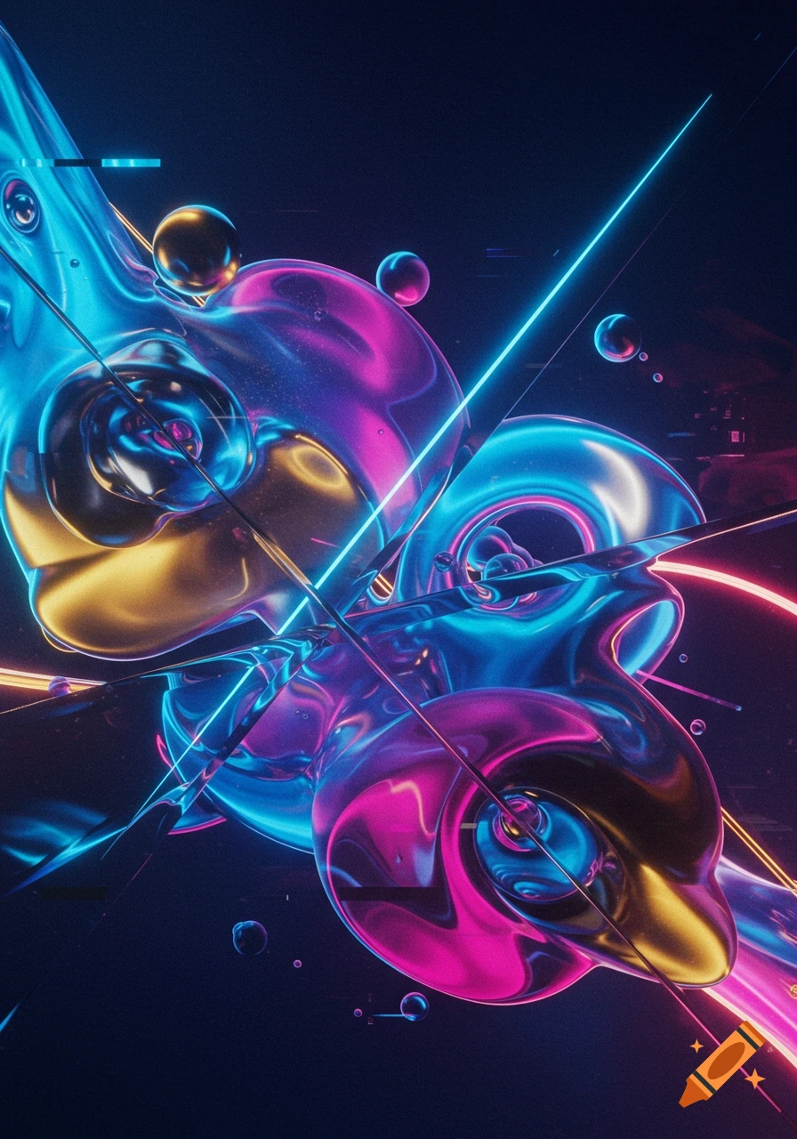 Abstract 3D rendering with glowing neon pink, blue, and gold liquid-like shapes and spheres on a dark background.