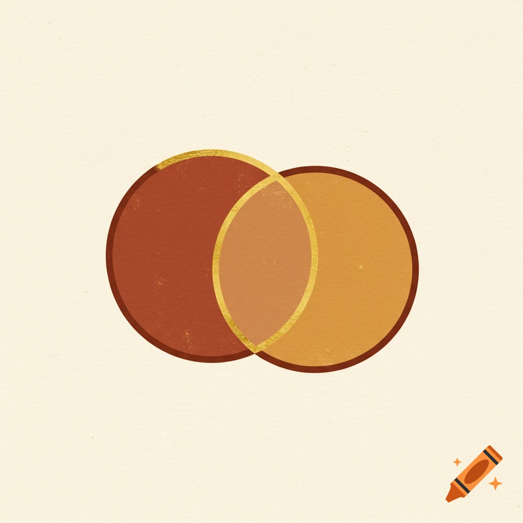 Minimalist abstract icon of two overlapping circles, terracotta and soft ochre, with a golden highlight on a cream background.