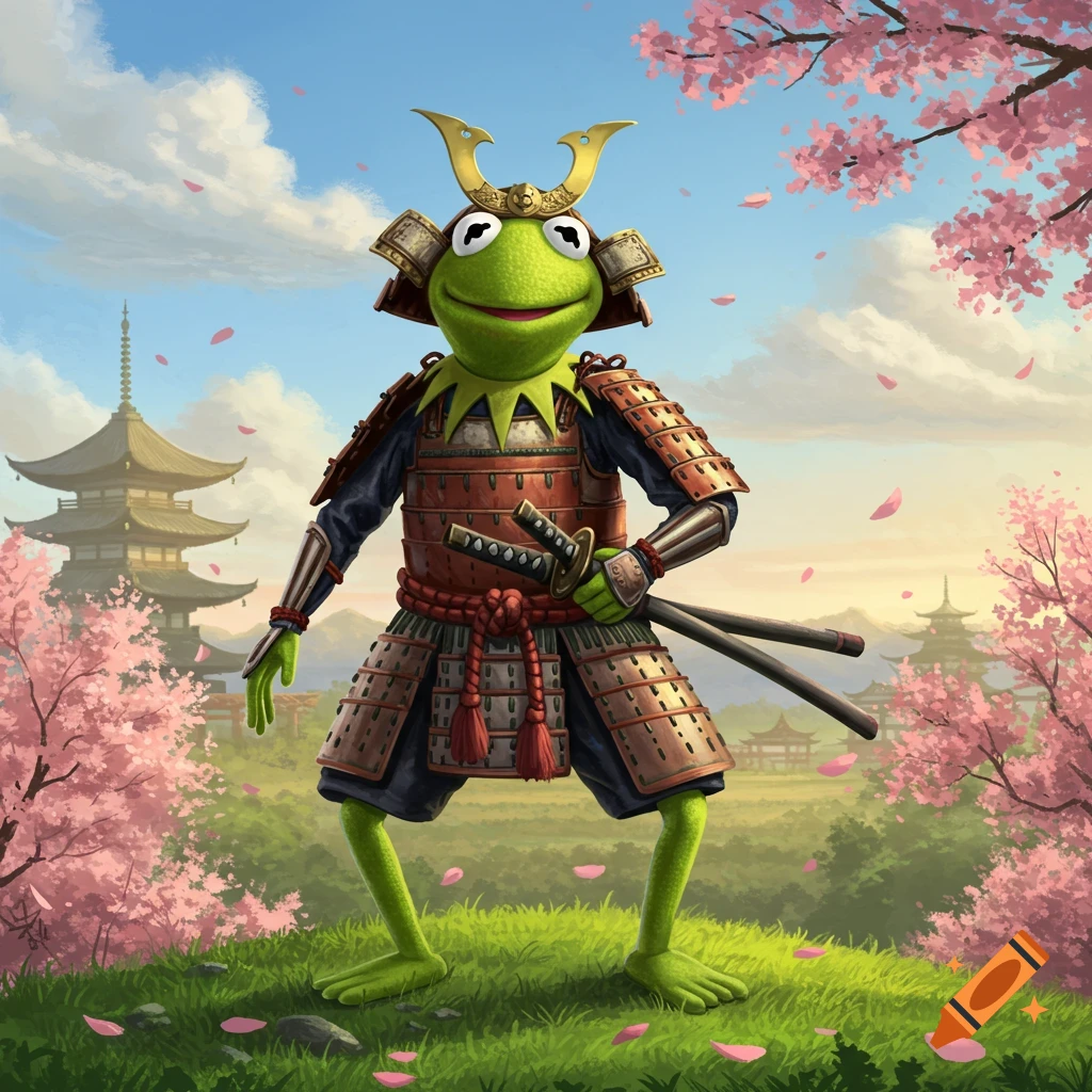 Kermit the Frog in samurai armor holding katanas, standing amidst cherry blossoms and pagodas in a vibrant illustrated landscape.