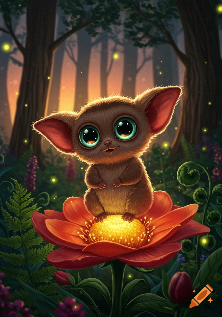 A cute, fluffy brown creature with big green eyes sits on a glowing red and yellow flower in an enchanted forest with fireflies.