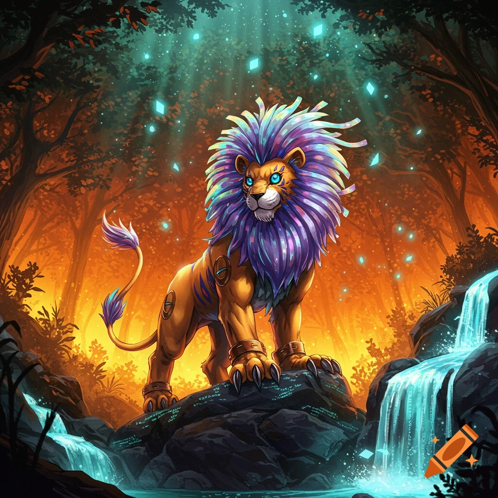 A vibrant, stylized lion with a rainbow mane and blue eyes stands on a rock in a mystical forest with glowing elements and small waterfalls.