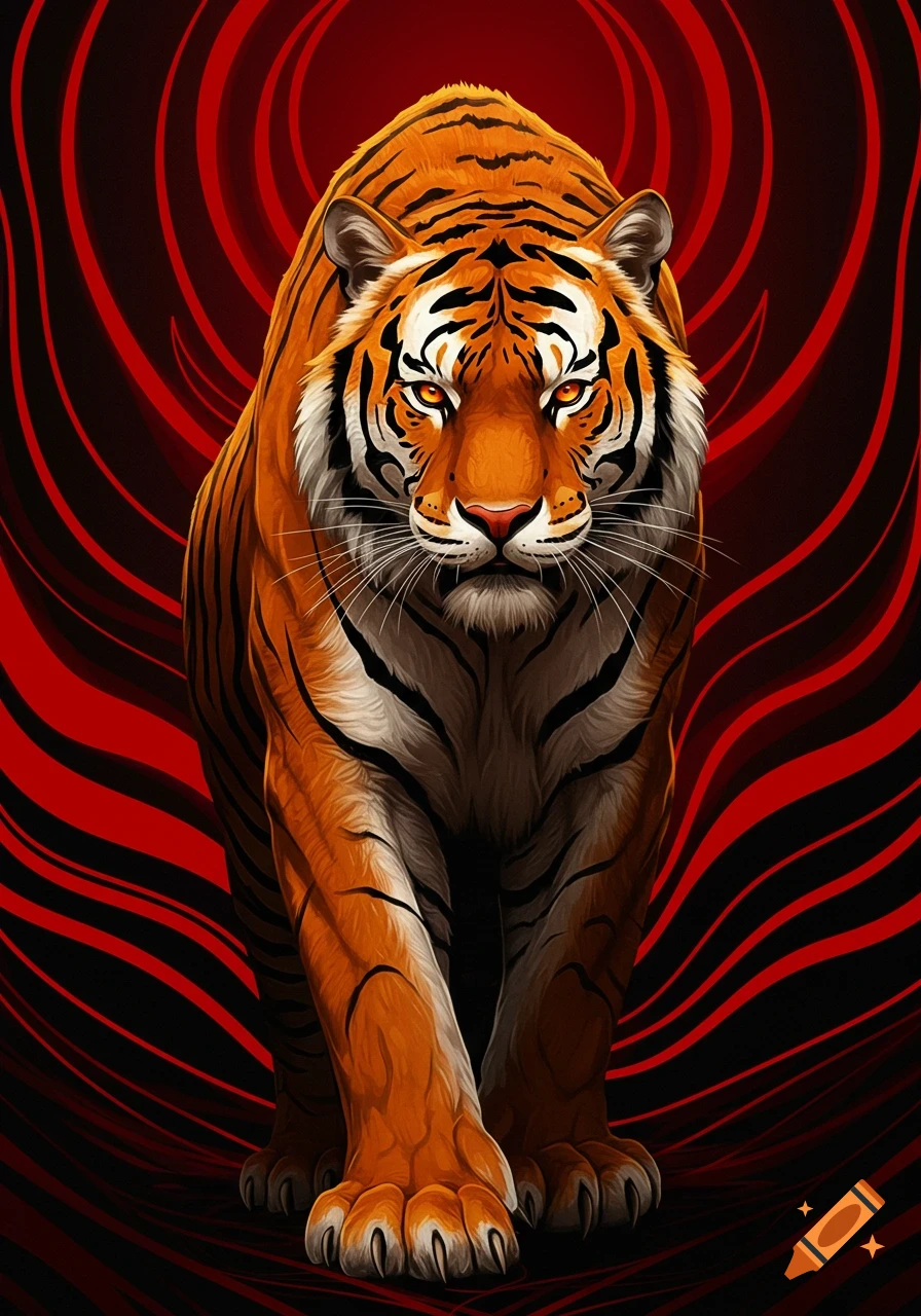 A stylized Bengal tiger with glowing orange eyes stares forward against a dark background with swirling red stripes.