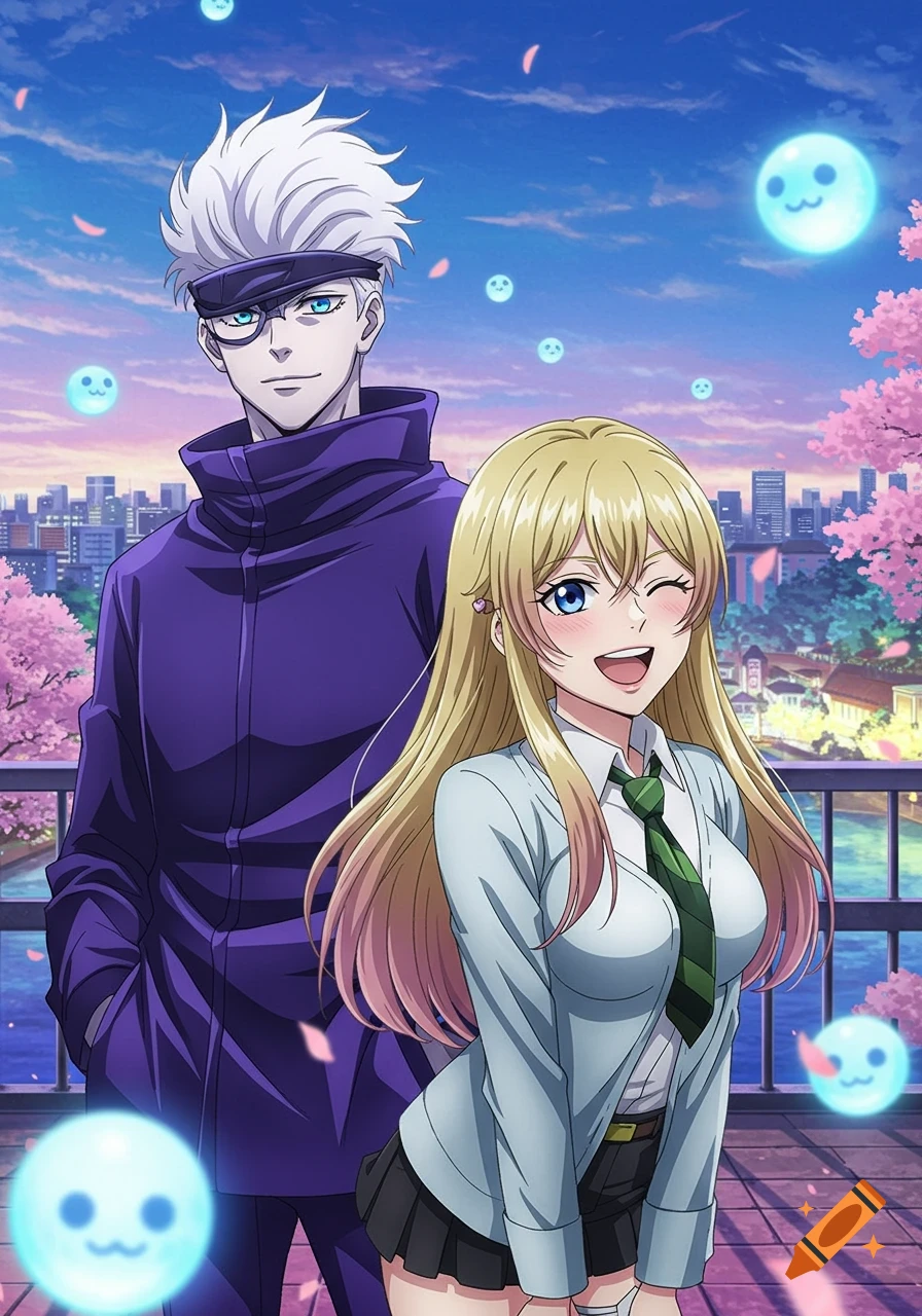 Anime illustration of a white-haired man and a winking blonde woman standing in an urban setting with cherry blossoms and glowing orbs.