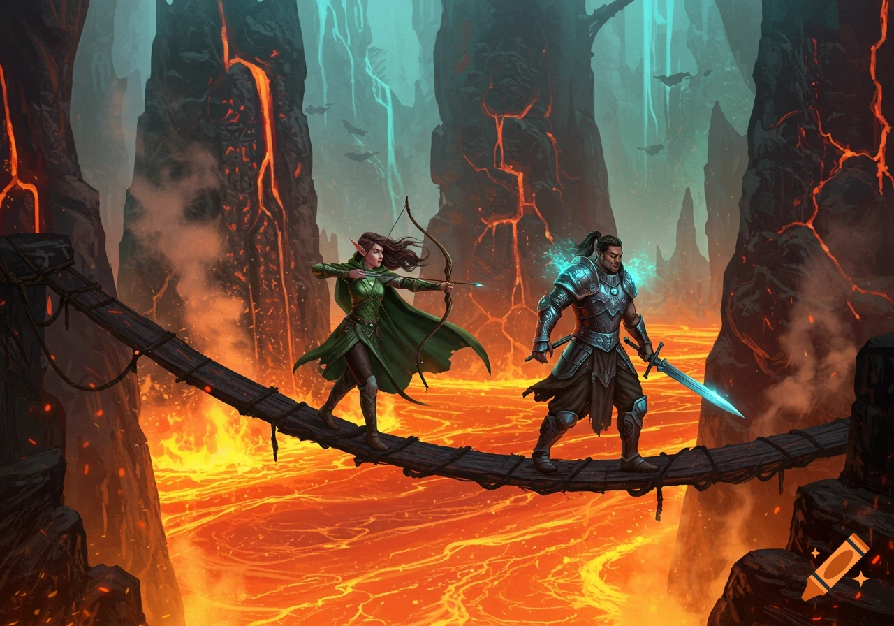 A female elf archer and male warrior cross a rope bridge over a lava stream in a fantasy labyrinth.