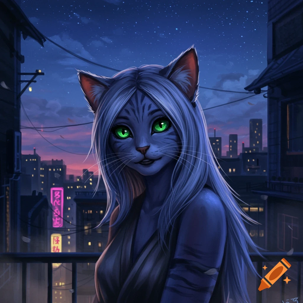 An anime-style catgirl with glowing green eyes and long white hair stands on a balcony overlooking a city skyline at dusk.