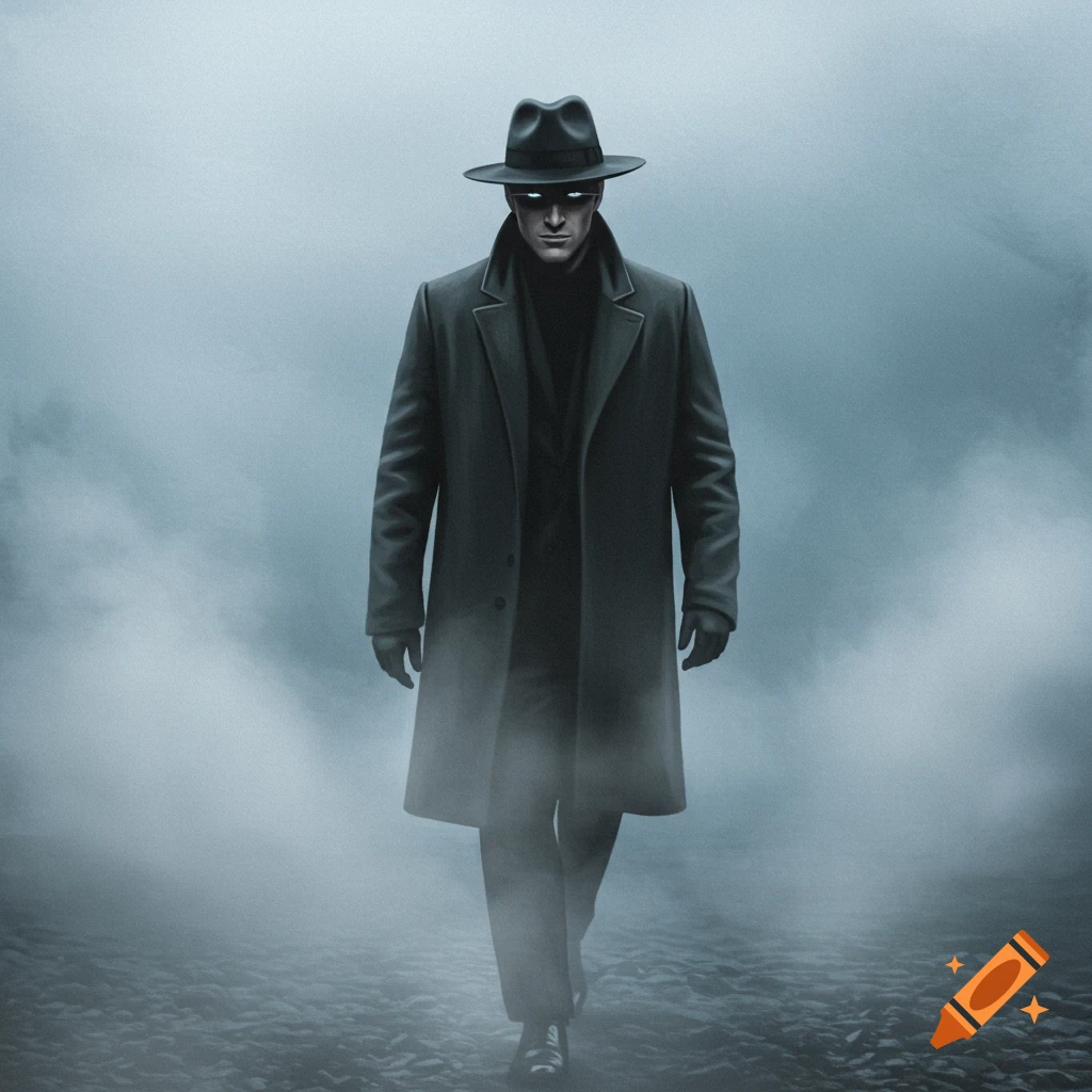 A mysterious man in a fedora and trench coat with glowing eyes walks through dense fog.